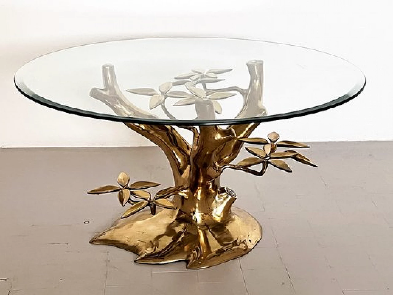 Coffee table with tree-shaped brass base and glass top by Willy Daro, 1970s 1
