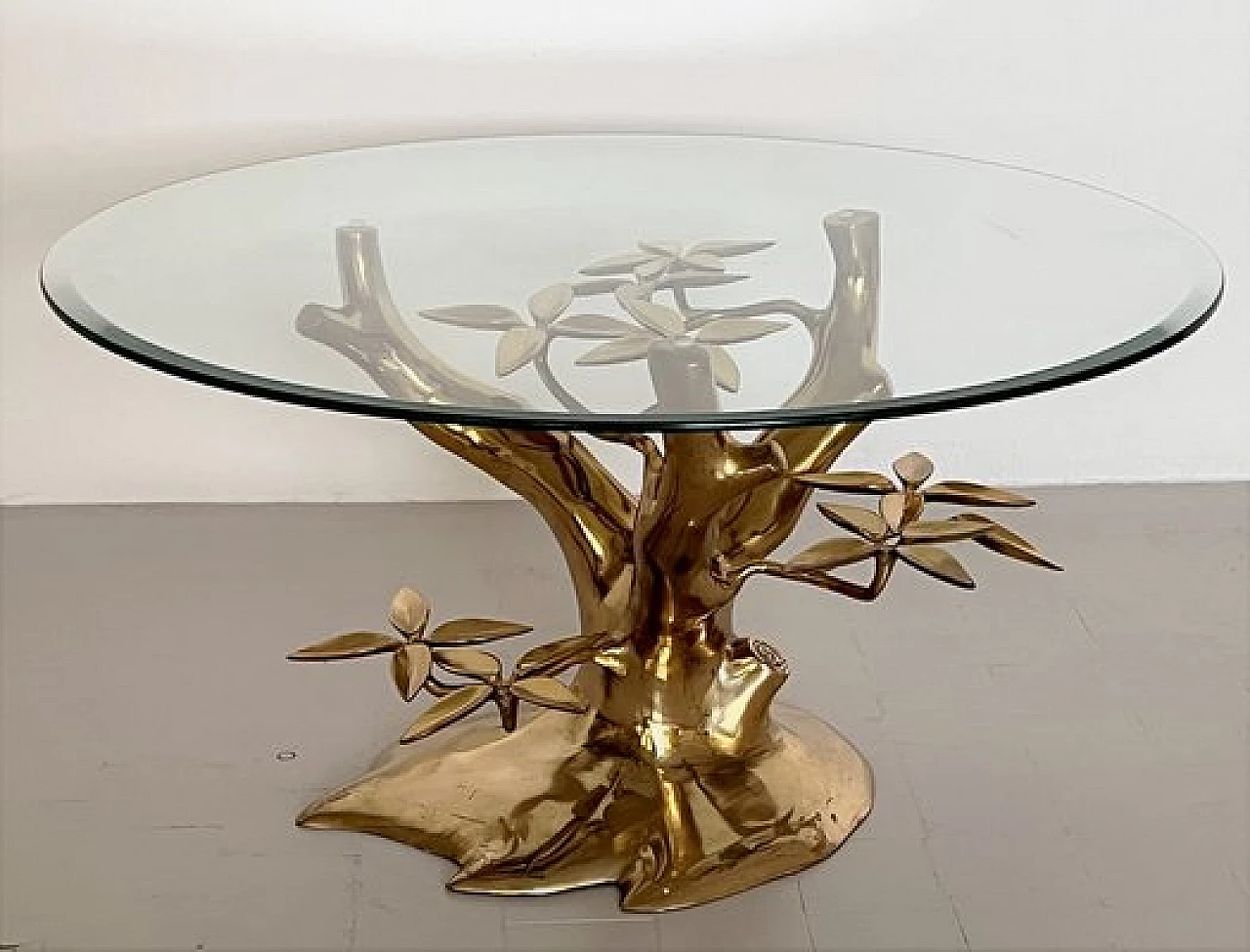 Coffee table with tree-shaped brass base and glass top by Willy Daro, 1970s 2