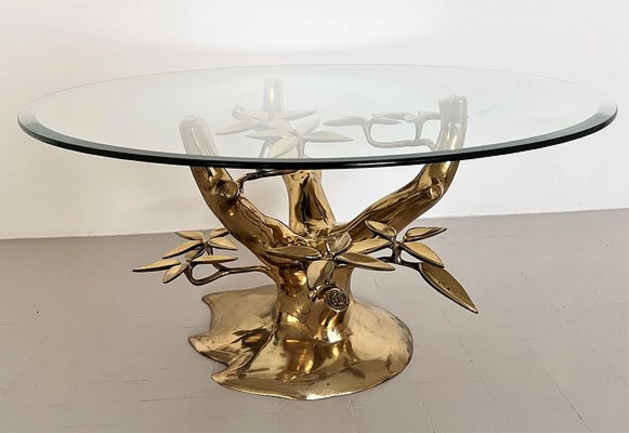 Coffee table with tree-shaped brass base and glass top by Willy Daro, 1970s 3