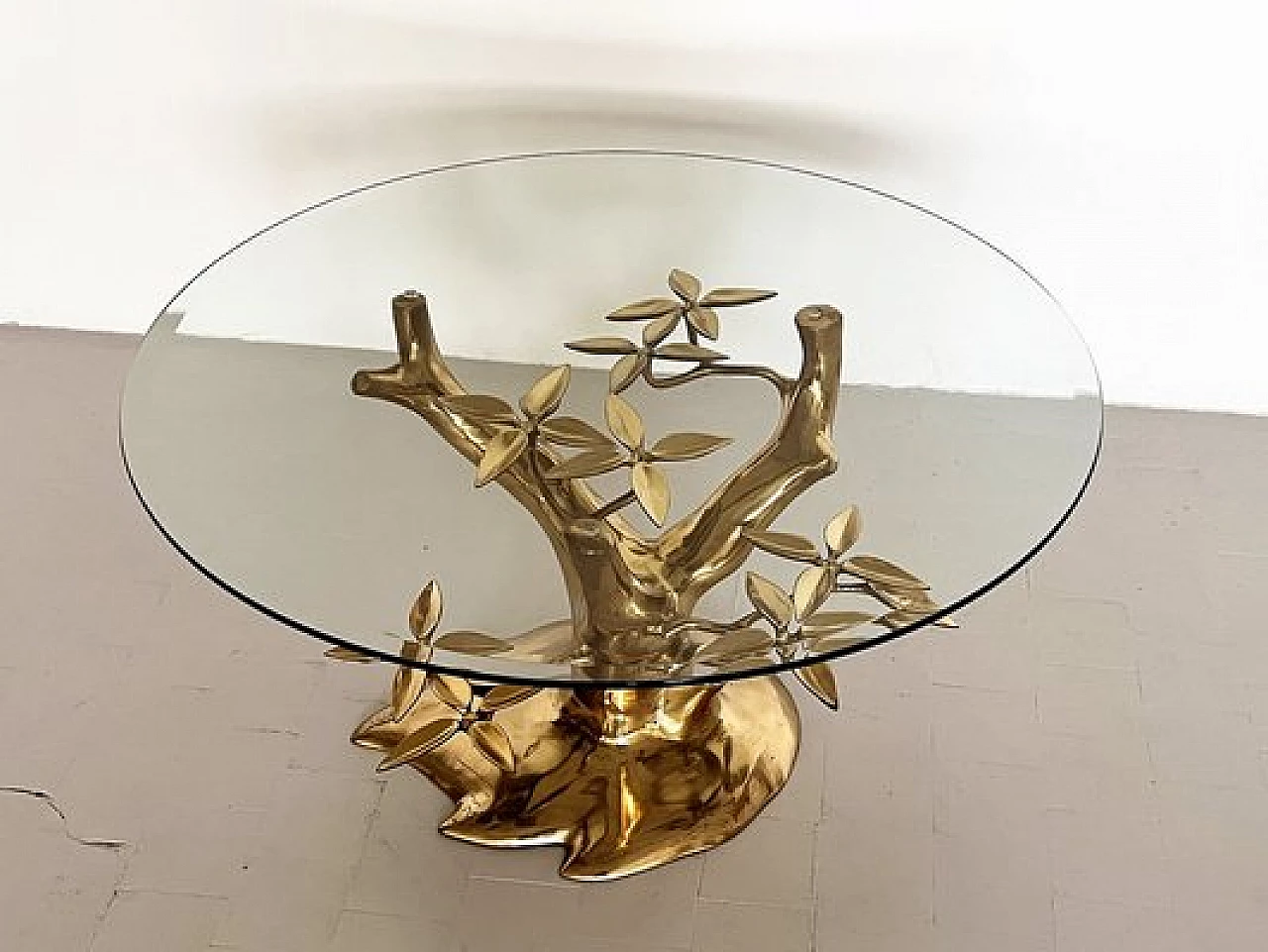Coffee table with tree-shaped brass base and glass top by Willy Daro, 1970s 7