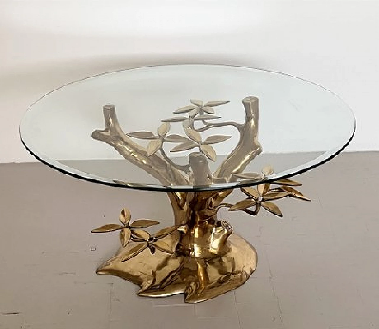 Coffee table with tree-shaped brass base and glass top by Willy Daro, 1970s 9