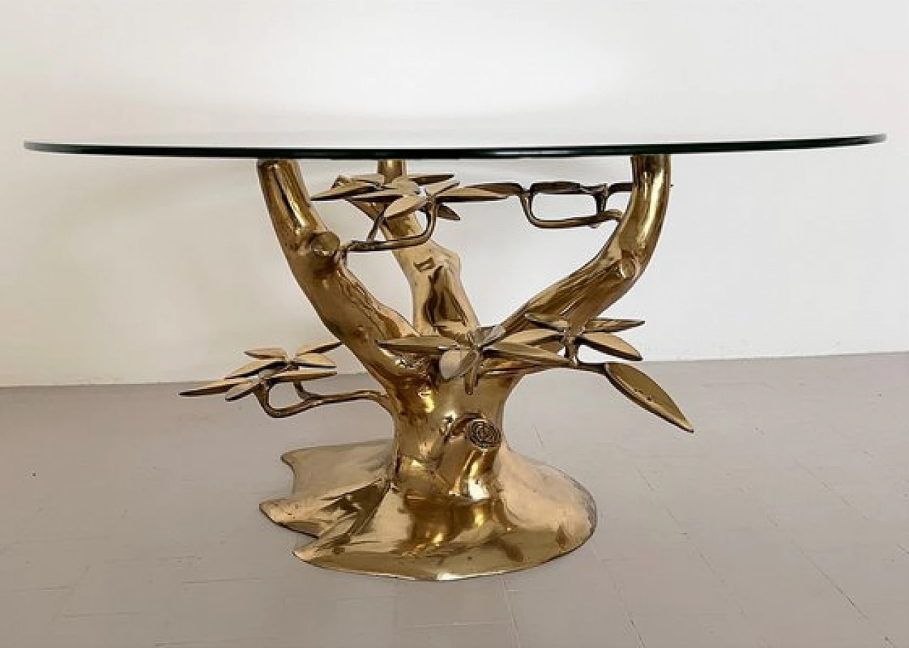 Coffee table with tree-shaped brass base and glass top by Willy Daro, 1970s 11
