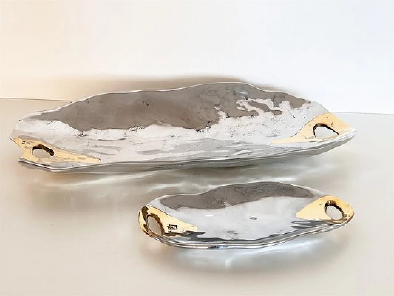 Aluminum and brass platter and bowl in Brutalist style by David Marshall, 1980s 1