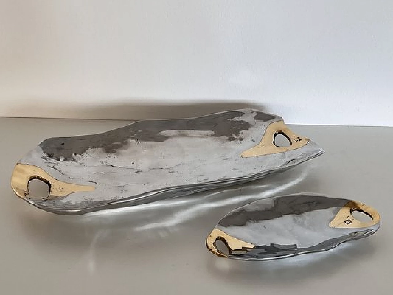Aluminum and brass platter and bowl in Brutalist style by David Marshall, 1980s 2