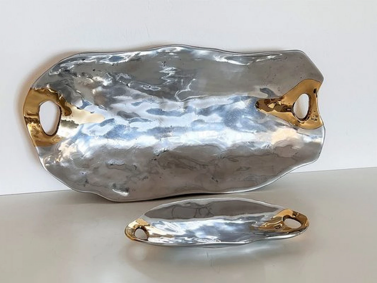 Aluminum and brass platter and bowl in Brutalist style by David Marshall, 1980s 3