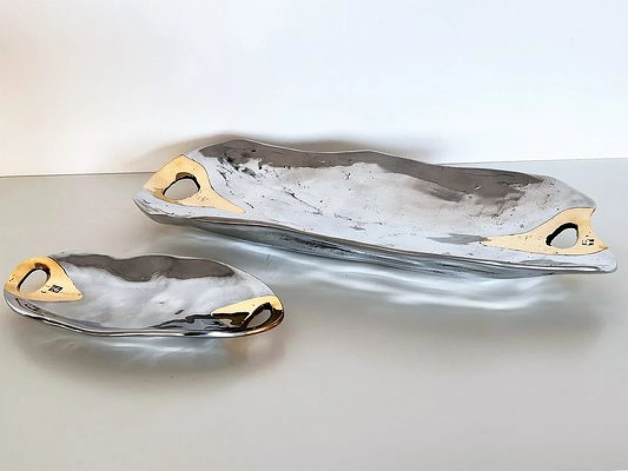 Aluminum and brass platter and bowl in Brutalist style by David Marshall, 1980s 7