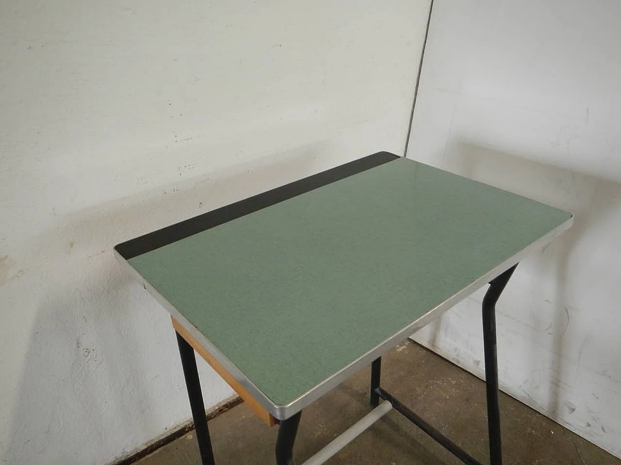 Iron, formica and wood school desk, 1970s 3