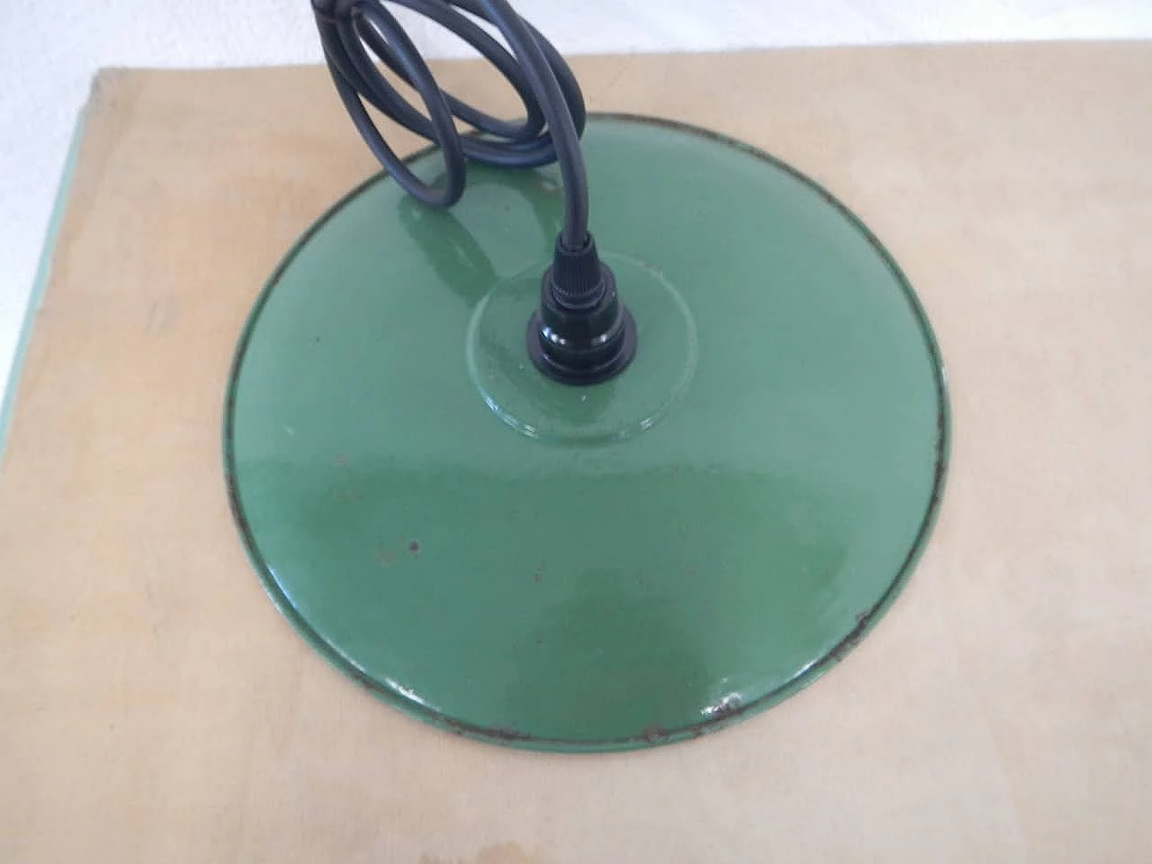 Green metal disc ceiling lamp, 1940s 3