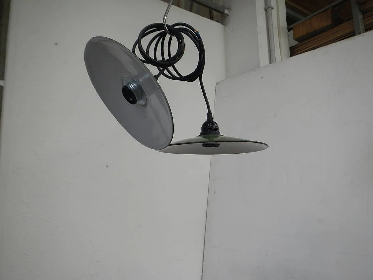 Pair of green metal chandeliers, 1940s 1