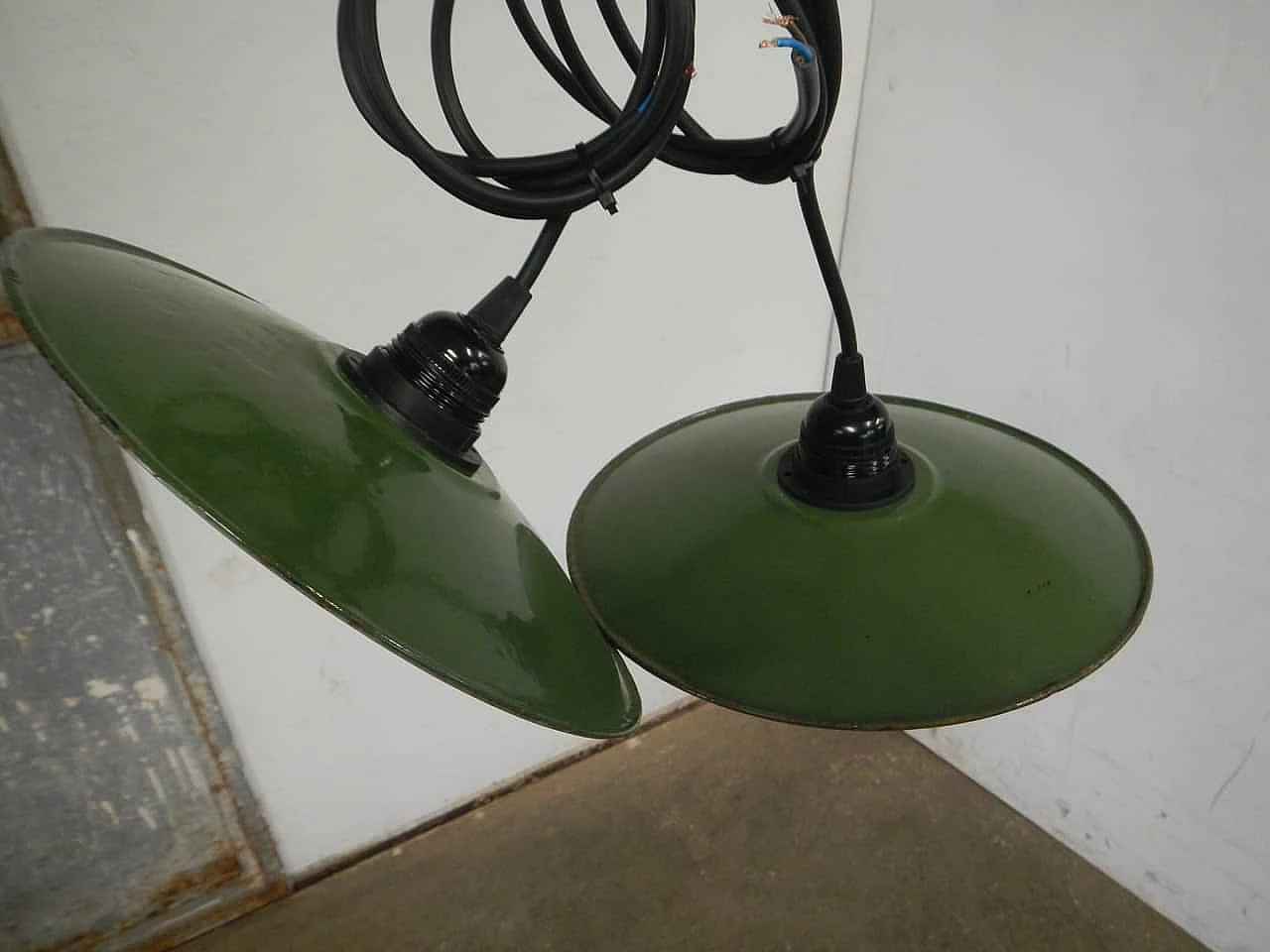 Pair of green metal chandeliers, 1940s 2