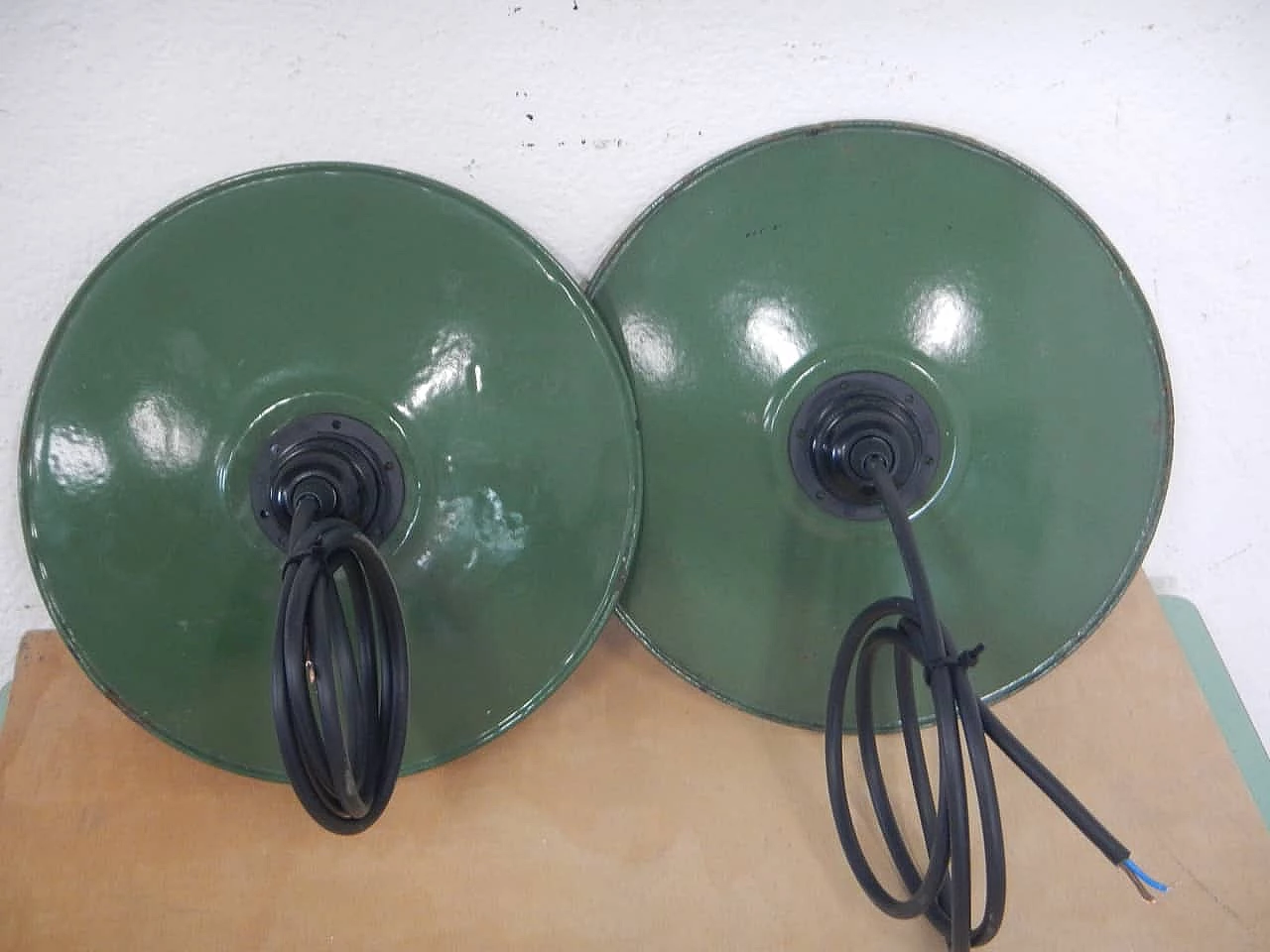 Pair of green metal chandeliers, 1940s 6