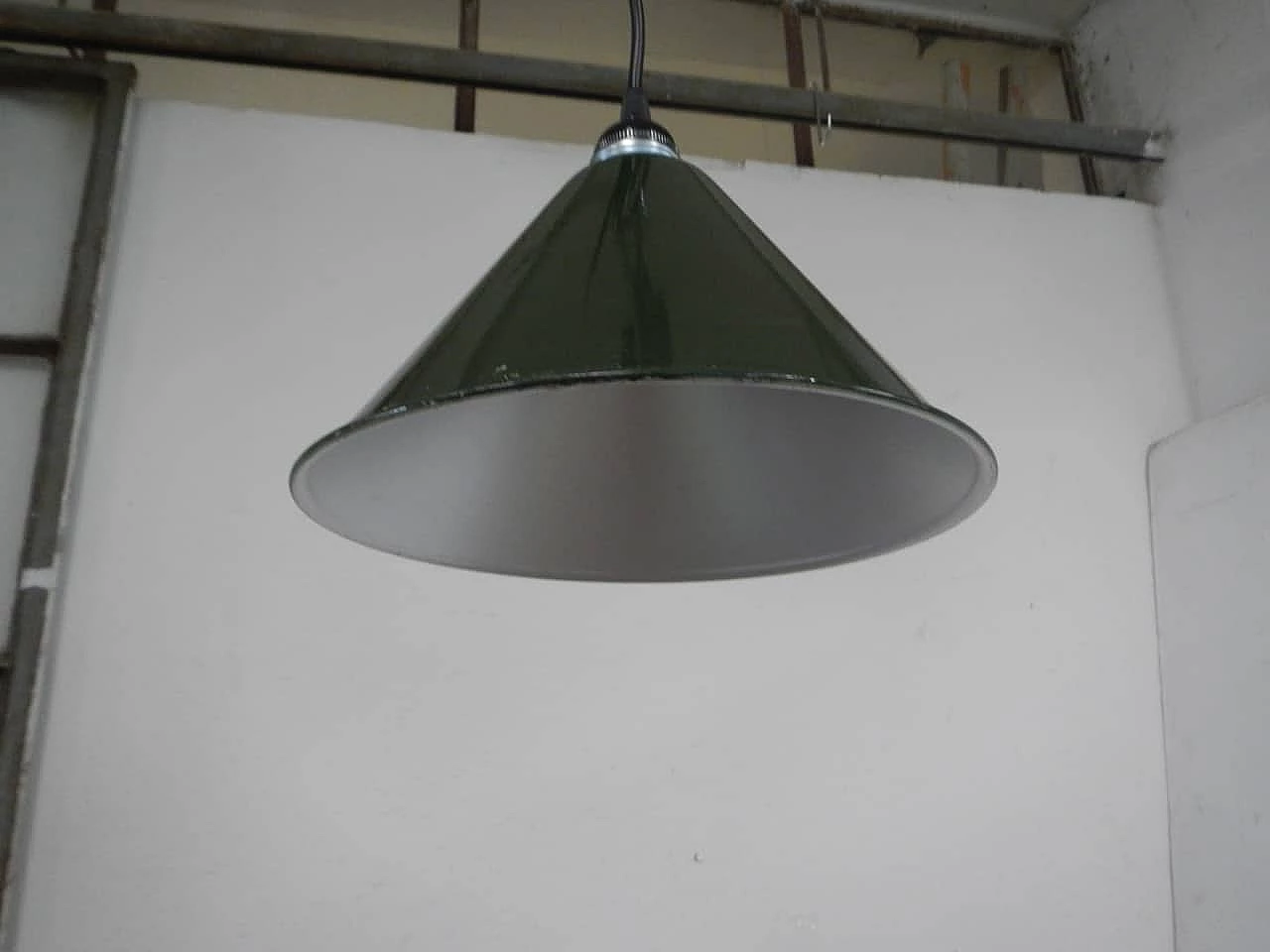 Green metal conical ceiling lamp, 1970s 1