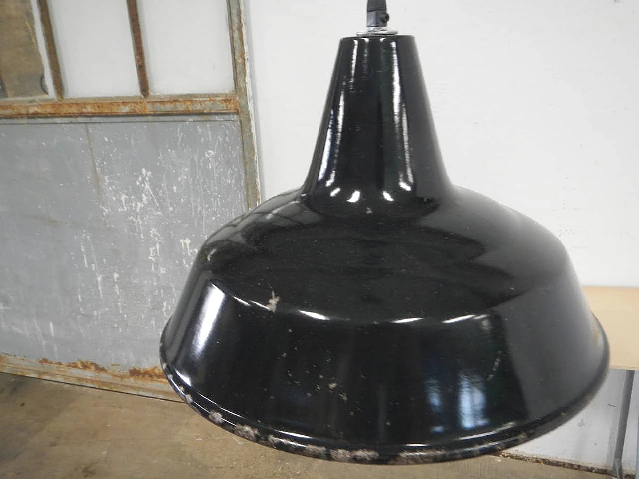 Black metal ceiling lamp with white inside, 1940s 1