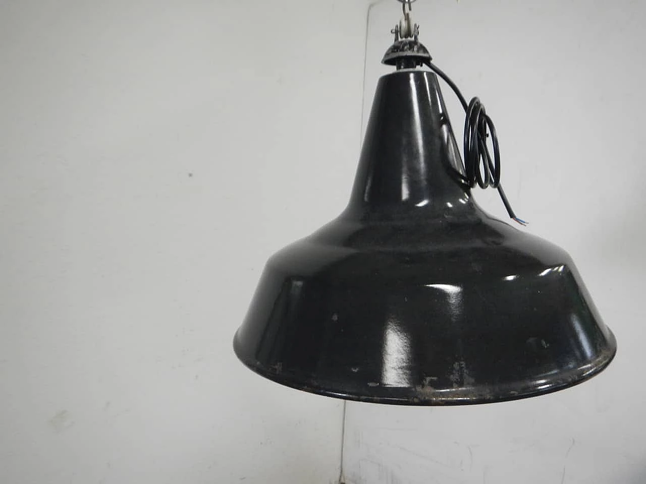 Black metal hanging lamp with white inside, 1940s 2