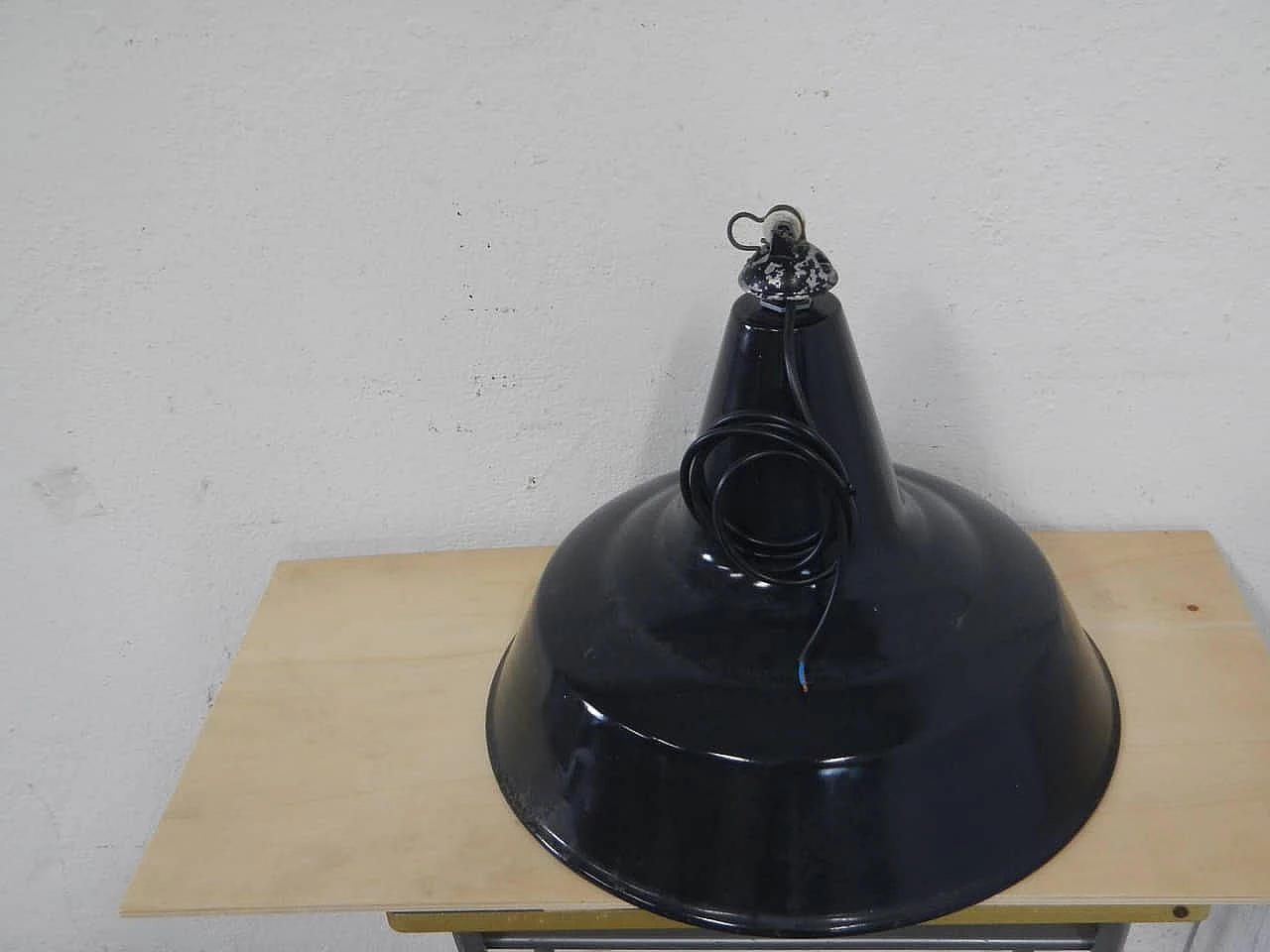 Black metal hanging lamp with white inside, 1940s 3