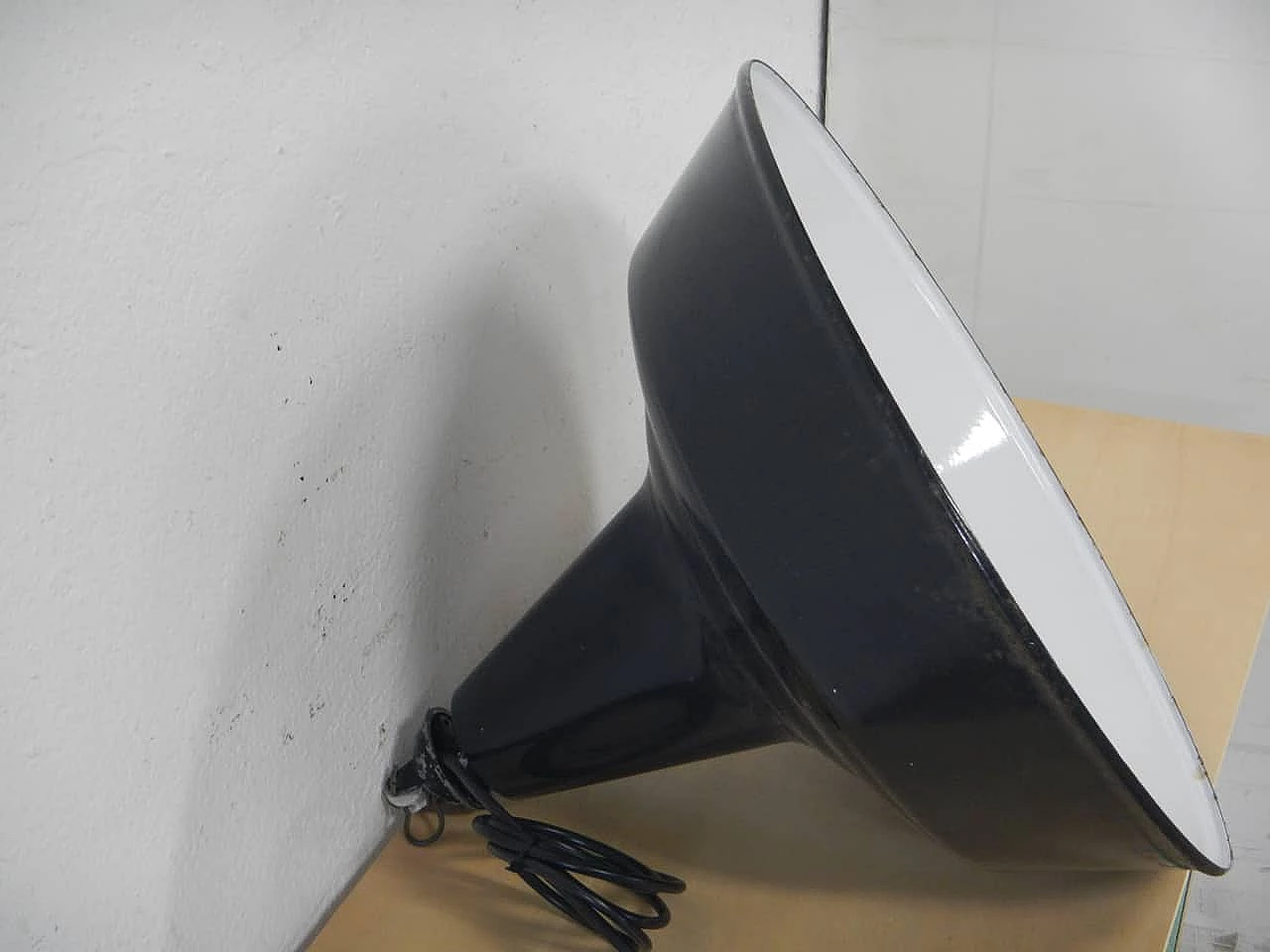 Black metal hanging lamp with white inside, 1940s 4