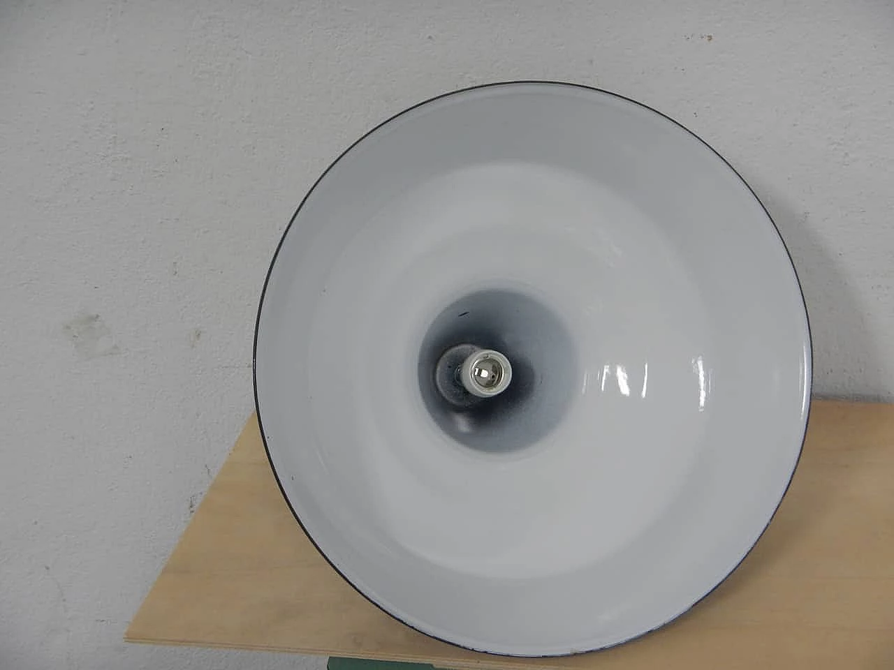 Black metal hanging lamp with white inside, 1940s 5