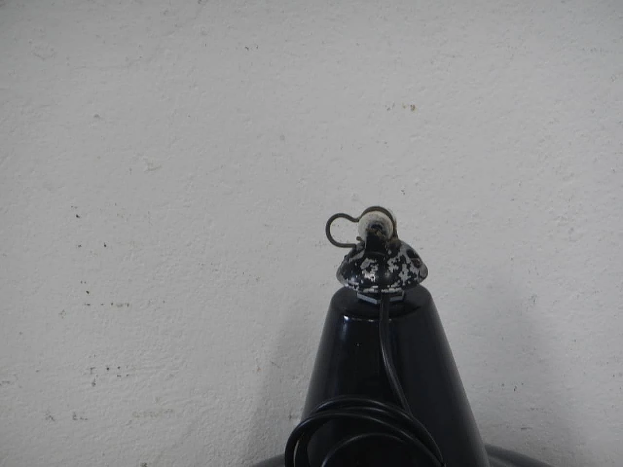 Black metal hanging lamp with white inside, 1940s 8