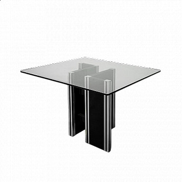 Tavolo da pranzo quadrato in legno e alluminio con piano in vetro, anni '70