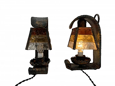 Coppia di lampade da tavolo in vetro e ferro battuto di Longobard, anni '70