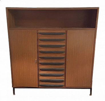 Varnished mahogany cabinet with central drop-down drawers, 1960s
