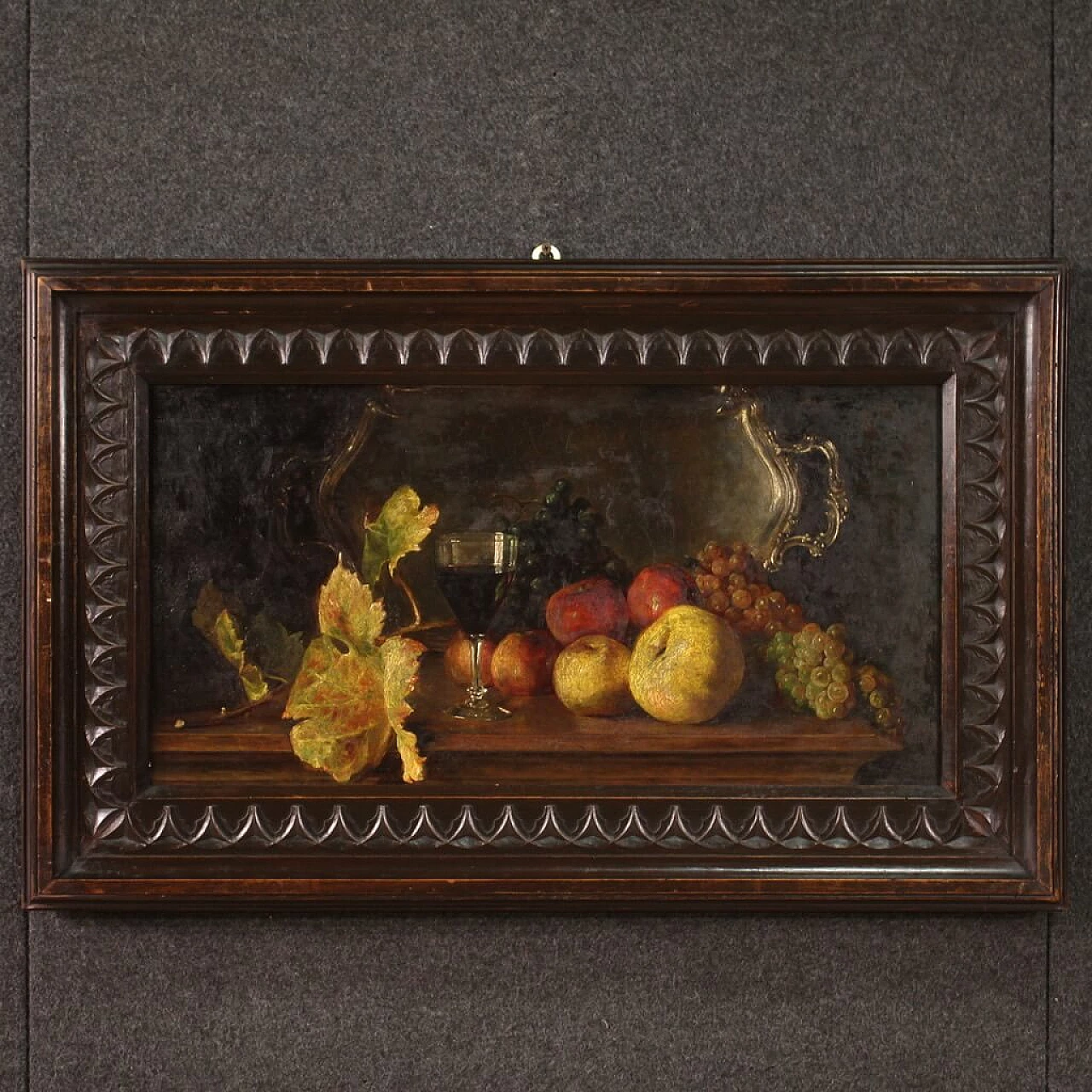 Still life with fruit, tray and wine glass, oil painting on panel 1