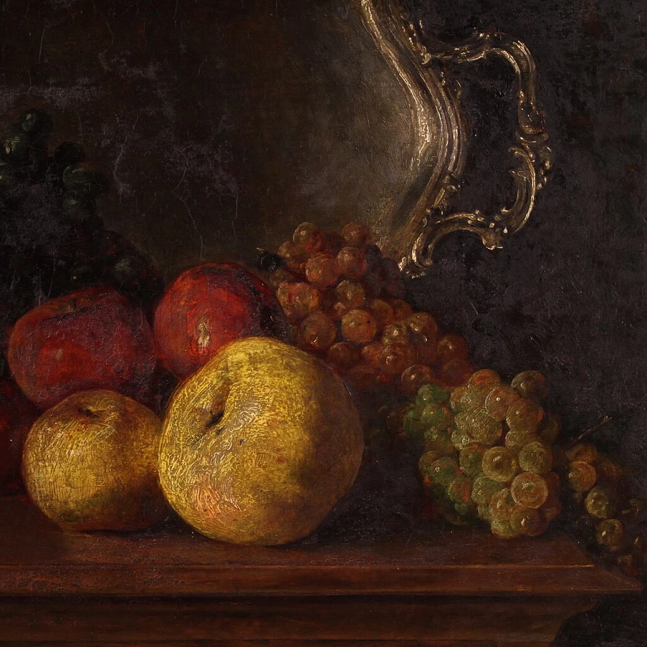 Still life with fruit, tray and wine glass, oil painting on panel 2