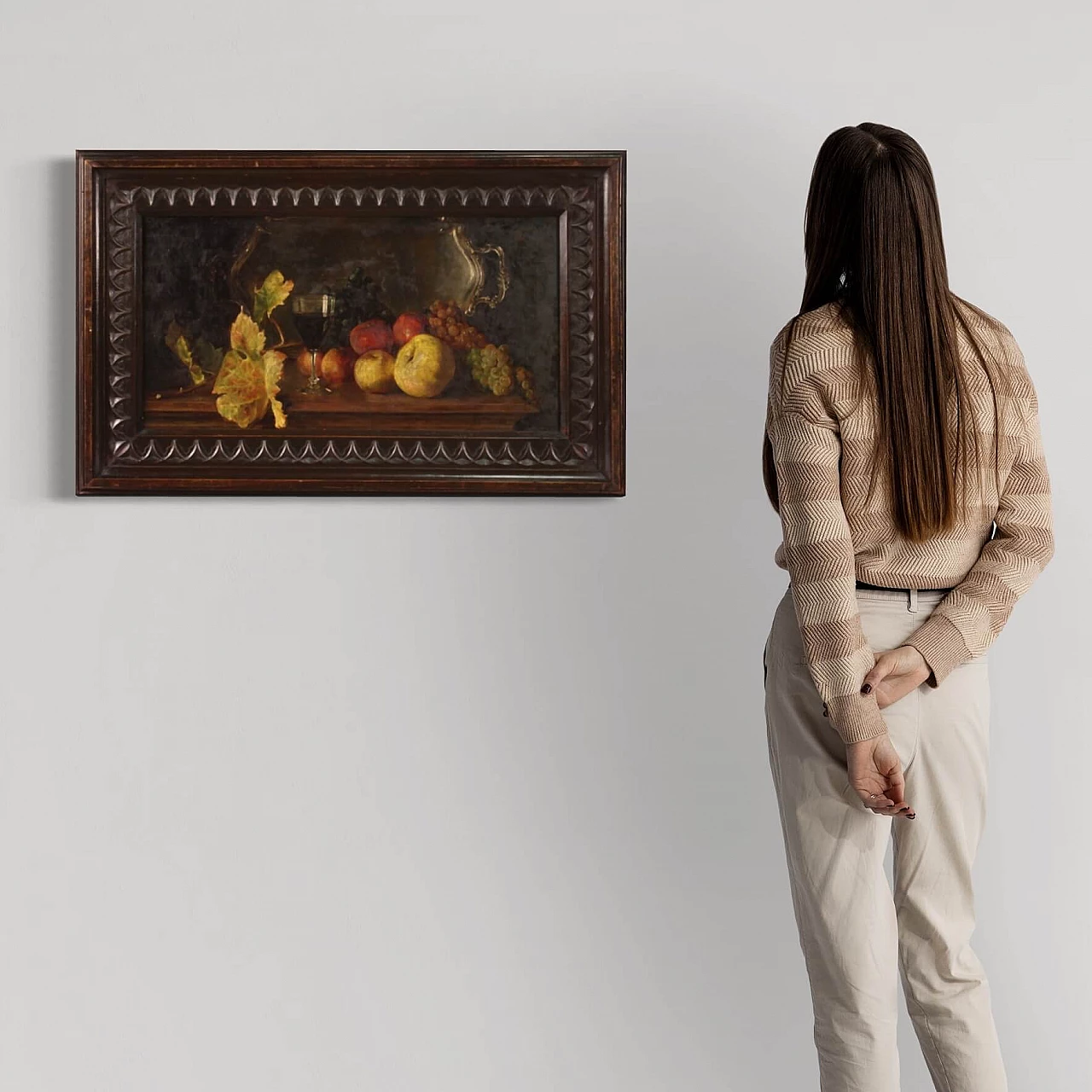 Still life with fruit, tray and wine glass, oil painting on panel 3