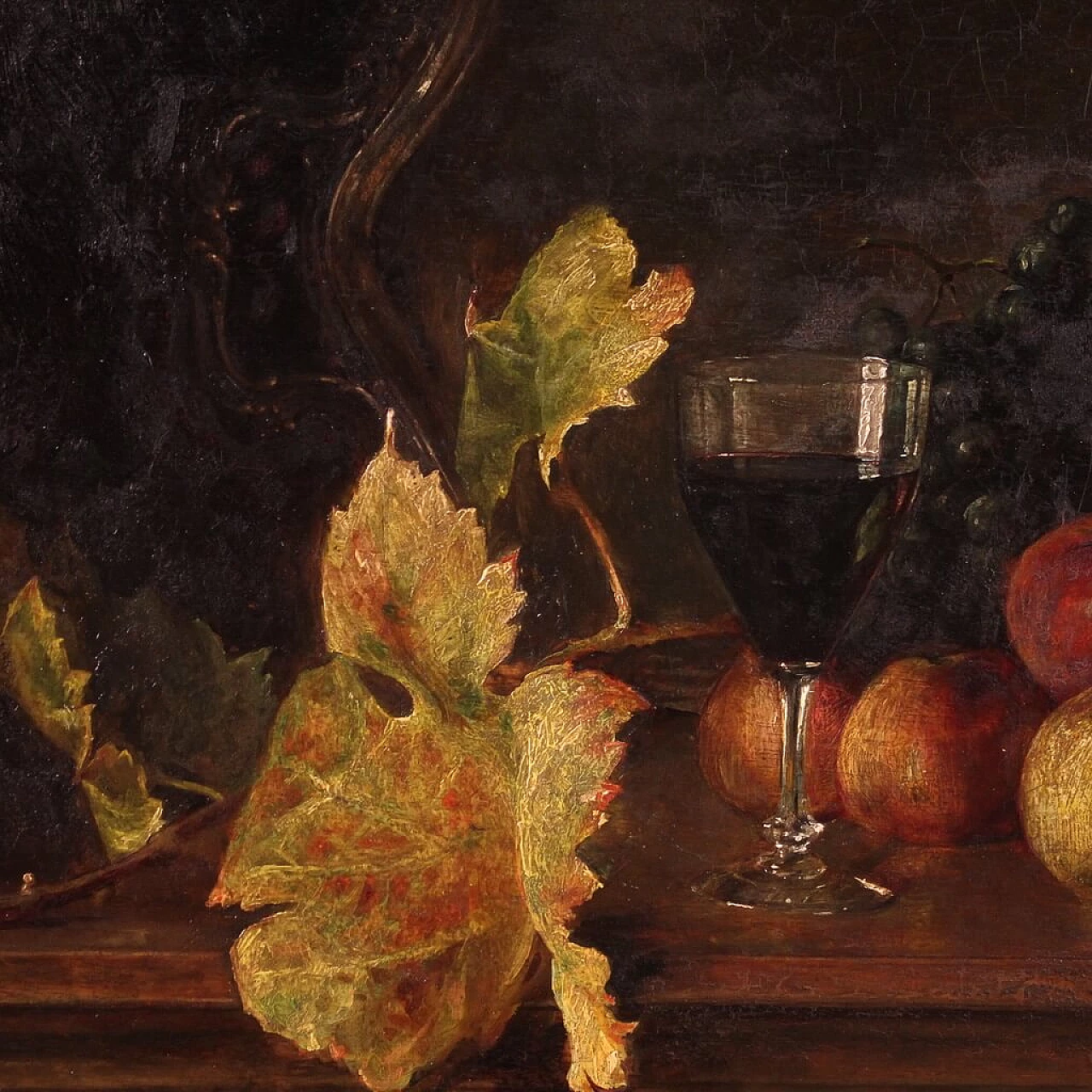 Still life with fruit, tray and wine glass, oil painting on panel 4
