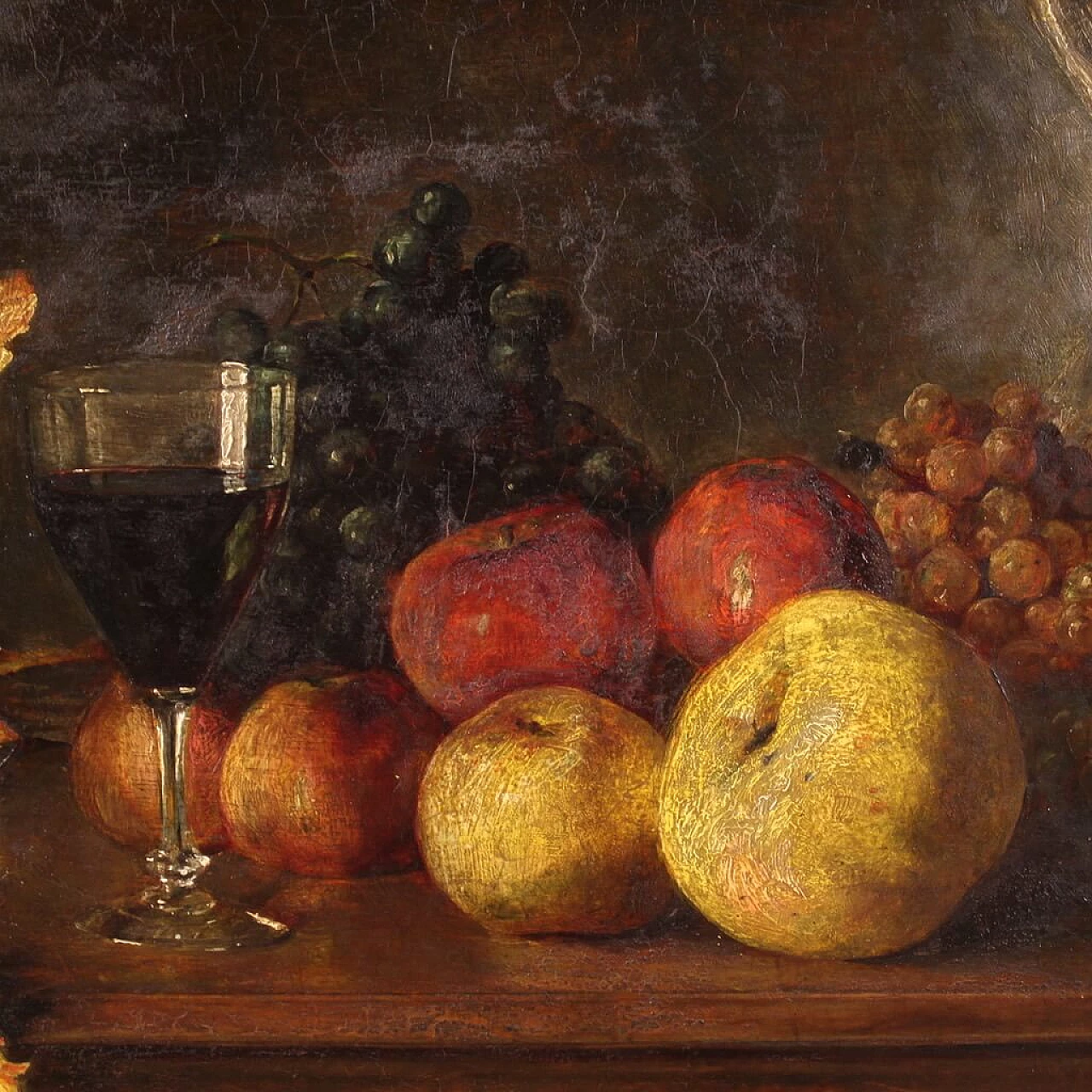 Still life with fruit, tray and wine glass, oil painting on panel 5