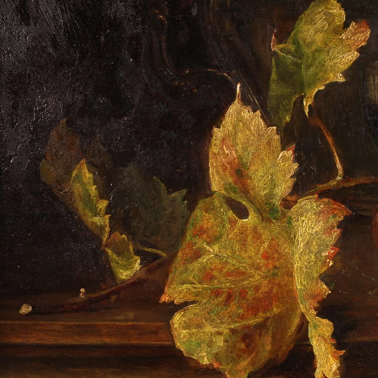 Still life with fruit, tray and wine glass, oil painting on panel 8