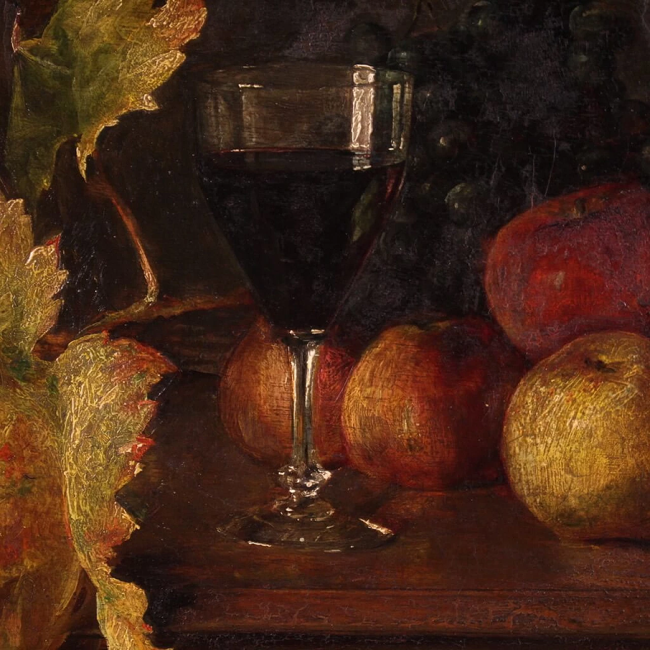 Still life with fruit, tray and wine glass, oil painting on panel 10