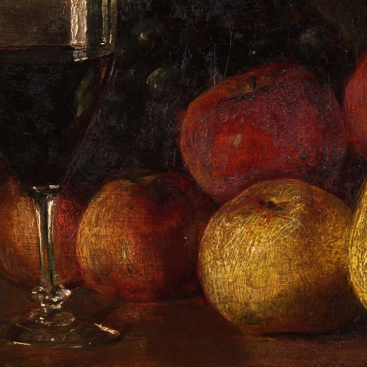 Still life with fruit, tray and wine glass, oil painting on panel 11