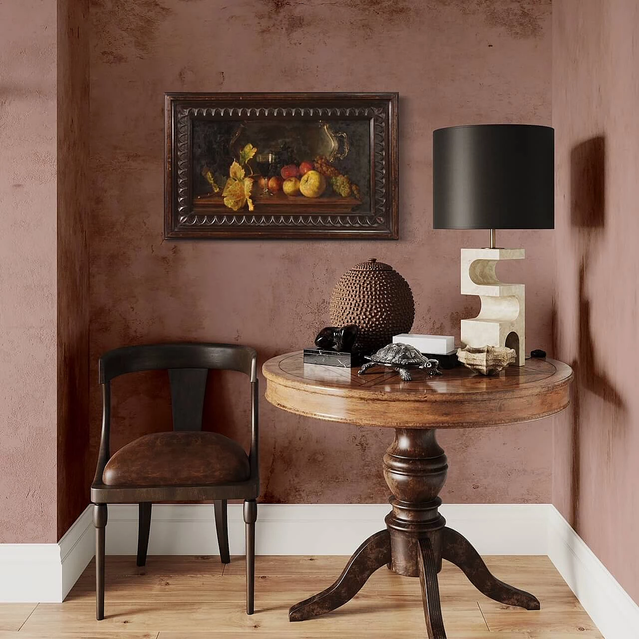 Still life with fruit, tray and wine glass, oil painting on panel 13