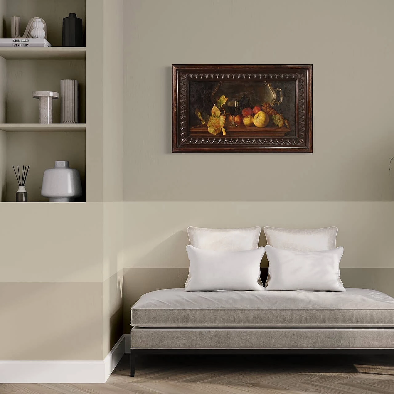 Still life with fruit, tray and wine glass, oil painting on panel 15