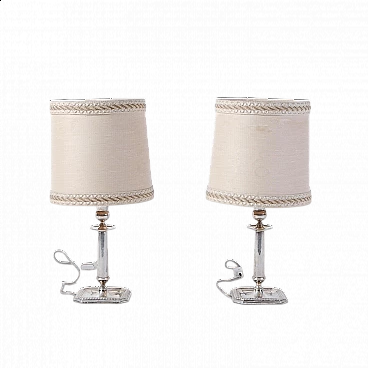 Pair of silver table lamps with fabric lampshade