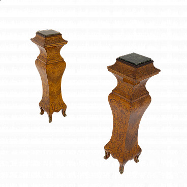 Pair of walnut-root columns with green marble top, 20th century