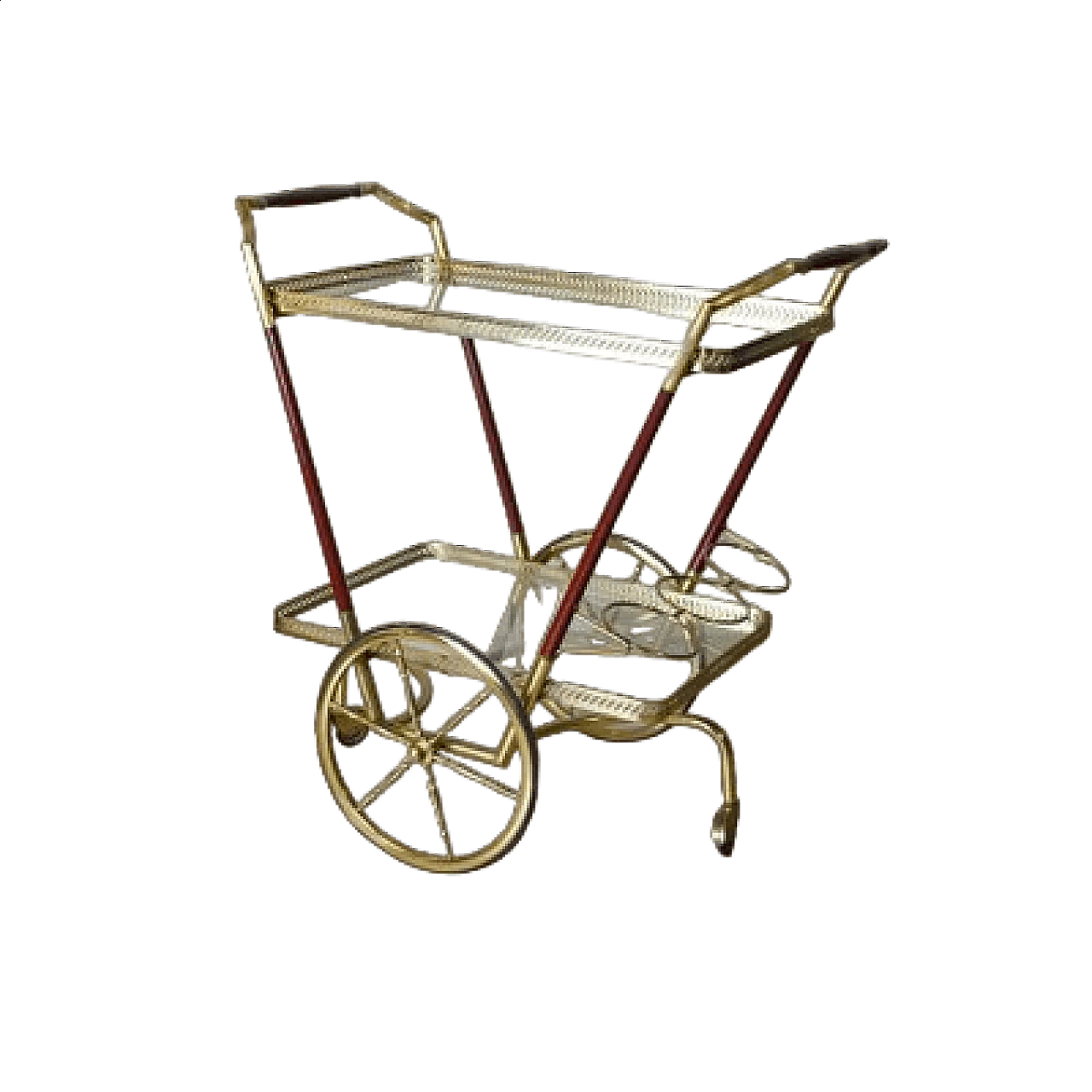 Carrello bar in ottone e ciliegio con ripiani in vetro, anni '50 6