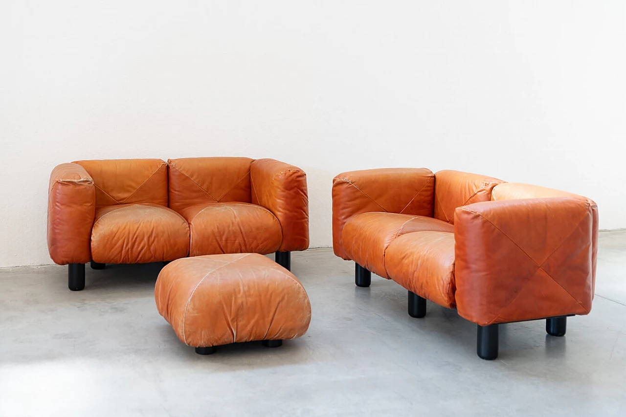 Pair of Techniform sofas and pouf in orange leather by Mario Marenco for Arflex, 1970s 1373381