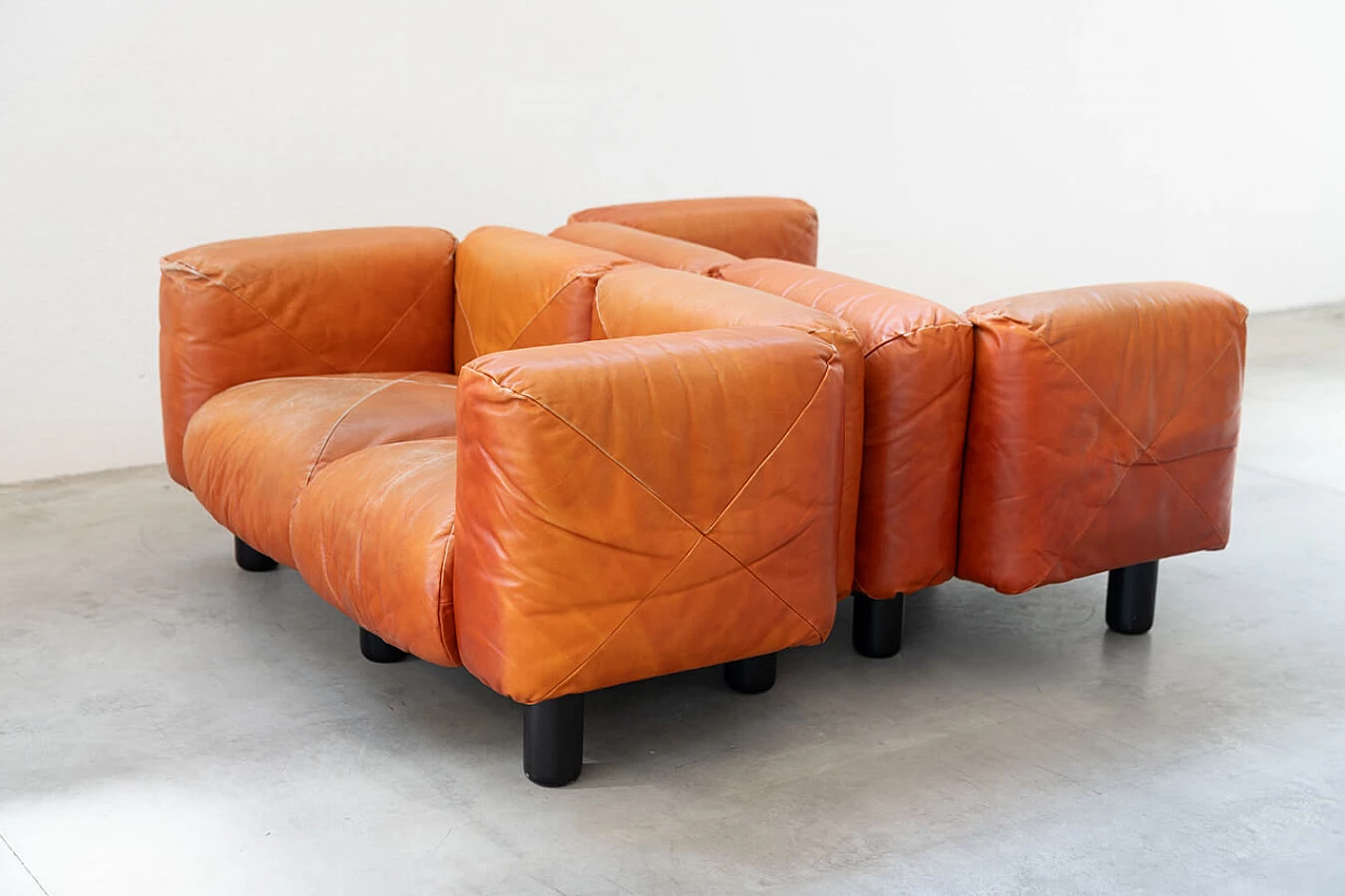 Pair of Techniform sofas and pouf in orange leather by Mario Marenco for Arflex, 1970s 1373398