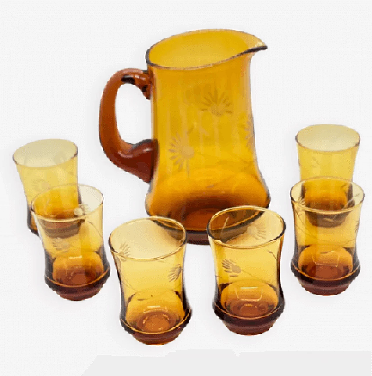 6 Bicchieri e brocca in vetro ambrato di Huta Szkła Laura, anni '70 1
