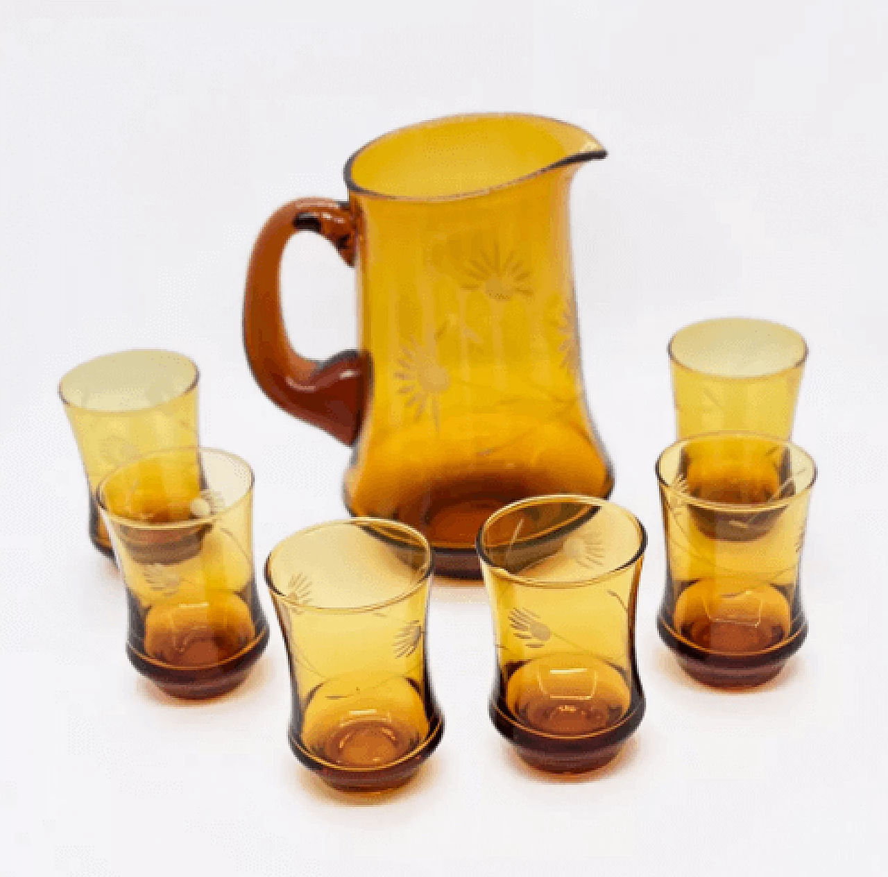 6 Bicchieri e brocca in vetro ambrato di Huta Szkła Laura, anni '70 2