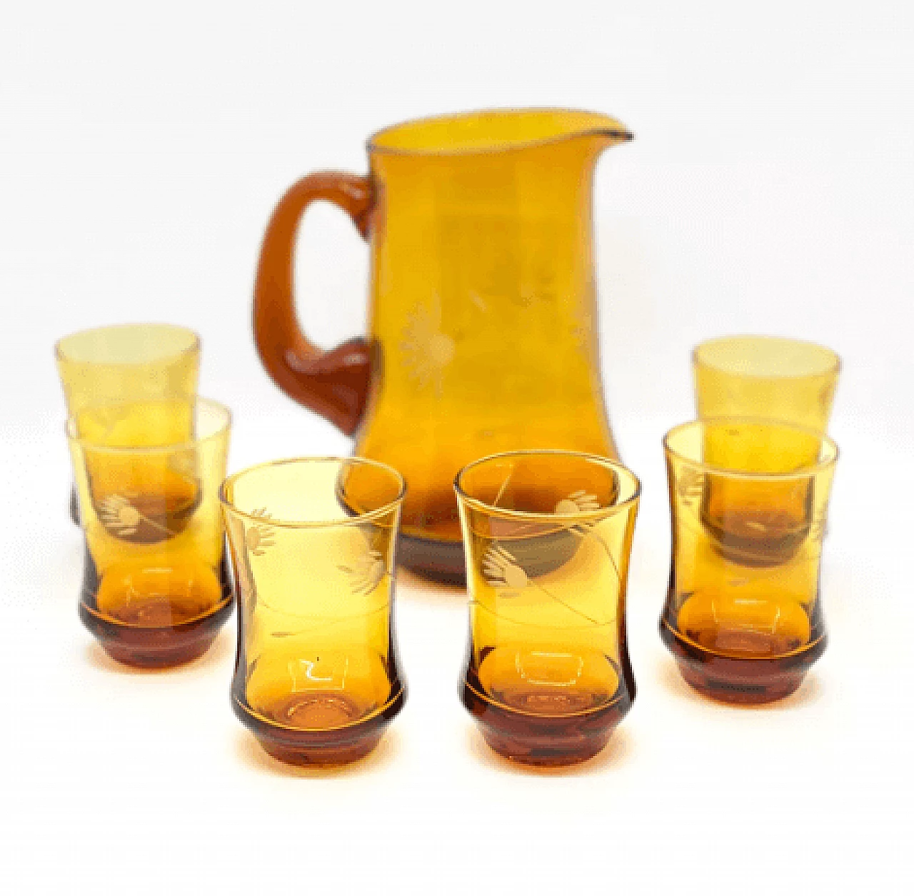 6 Bicchieri e brocca in vetro ambrato di Huta Szkła Laura, anni '70 3