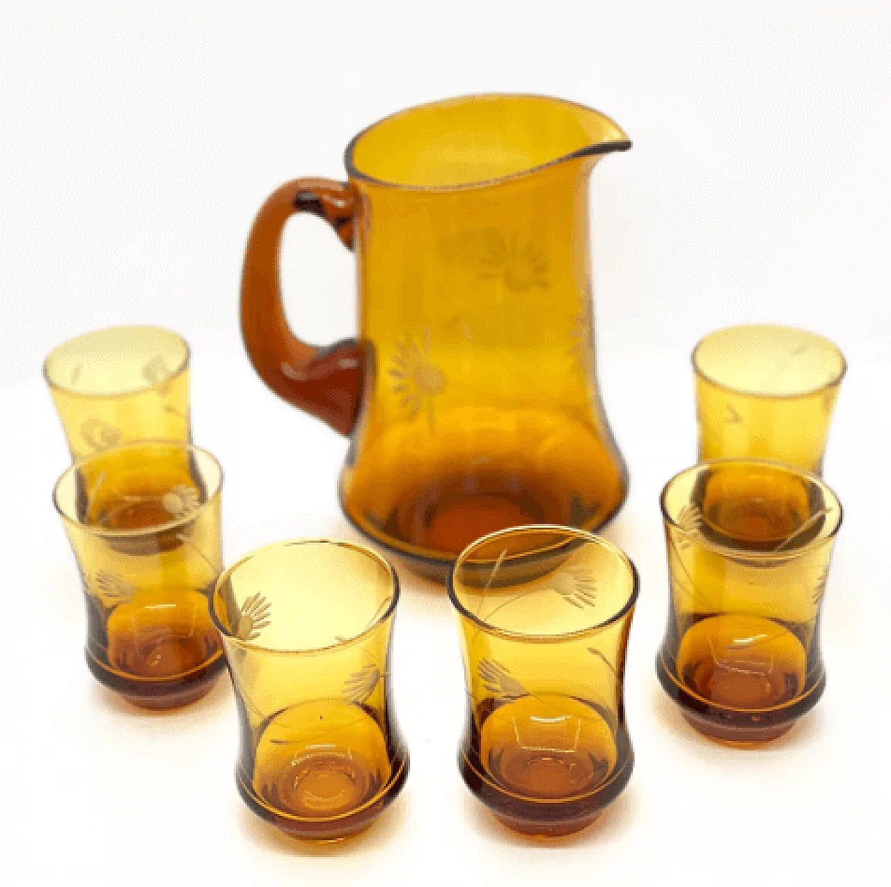 6 Tumblers and pitcher in amber glass by Huta Szkła Laura, 1970s 4