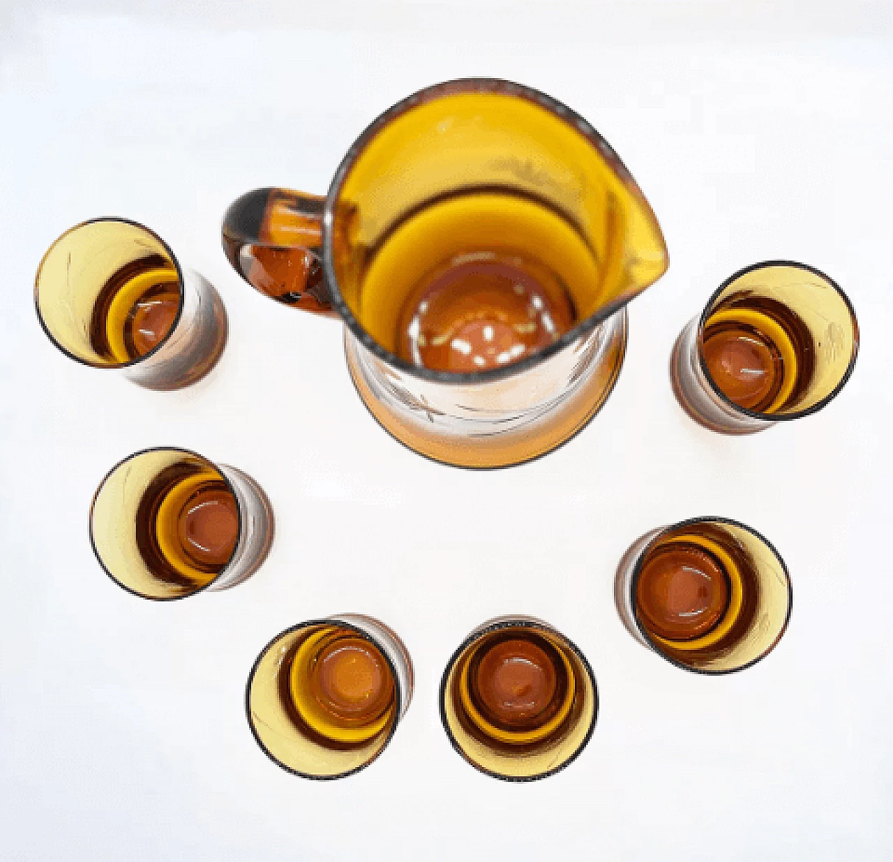 6 Tumblers and pitcher in amber glass by Huta Szkła Laura, 1970s 5