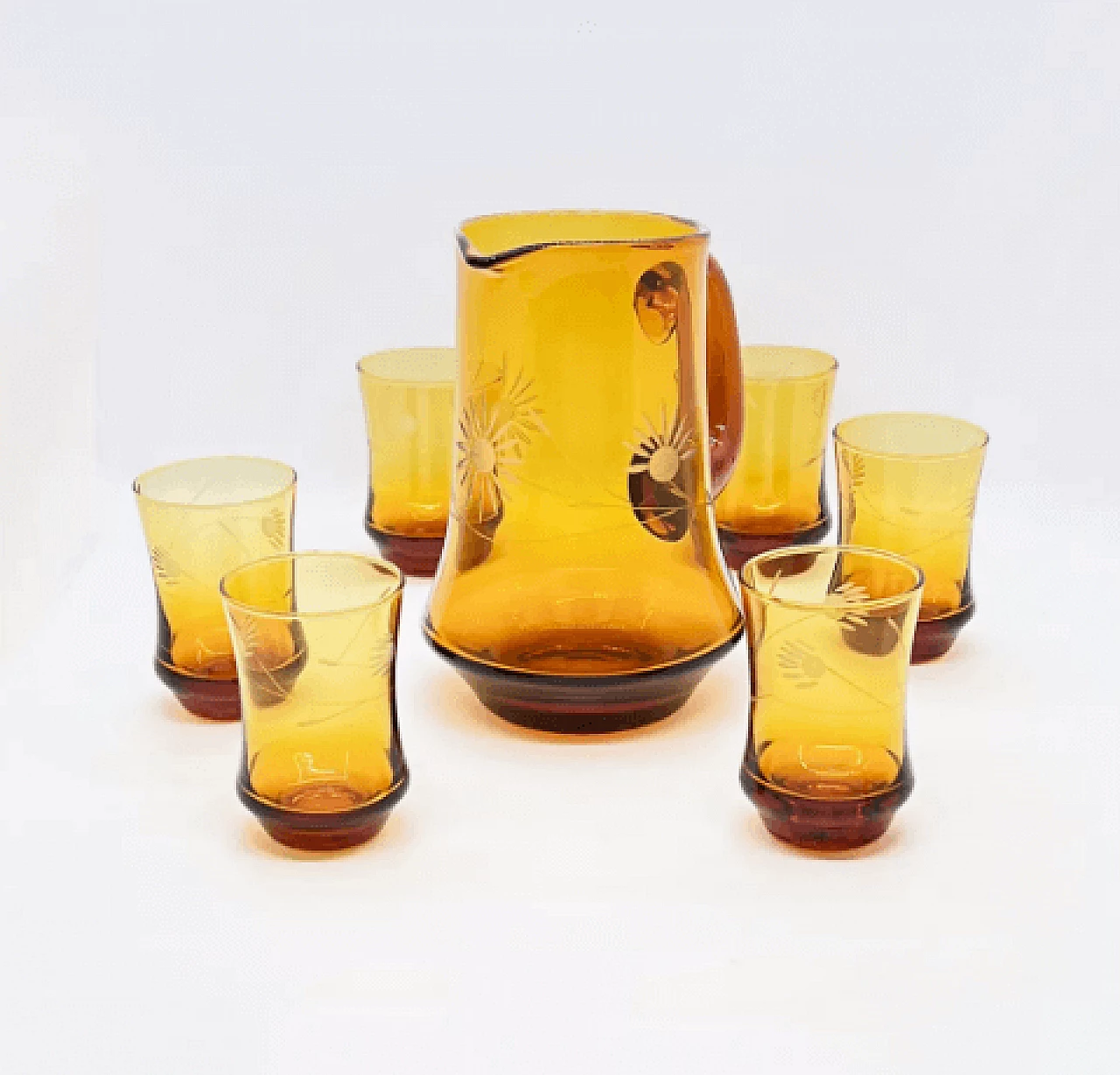 6 Bicchieri e brocca in vetro ambrato di Huta Szkła Laura, anni '70 6