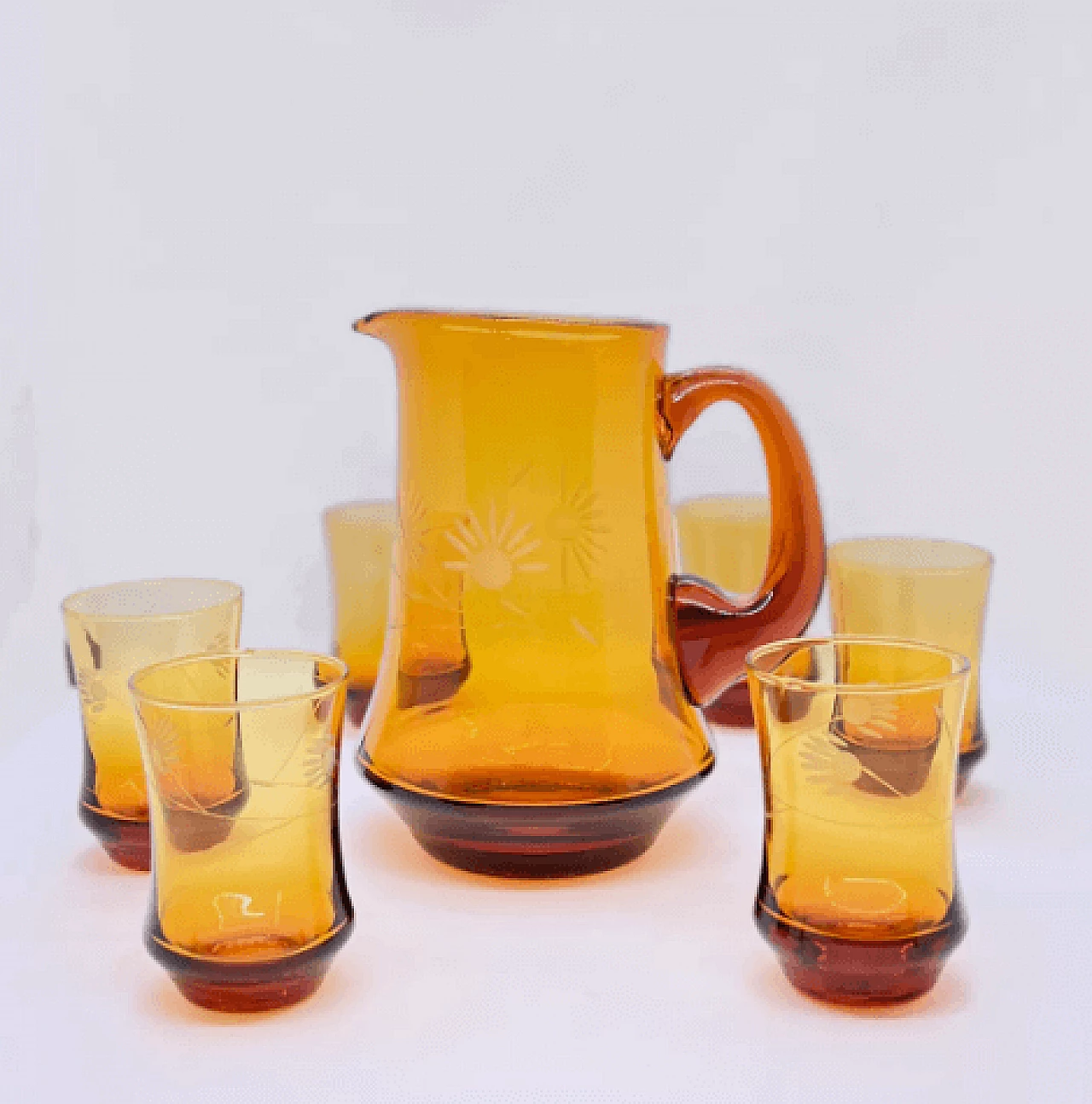 6 Tumblers and pitcher in amber glass by Huta Szkła Laura, 1970s 8