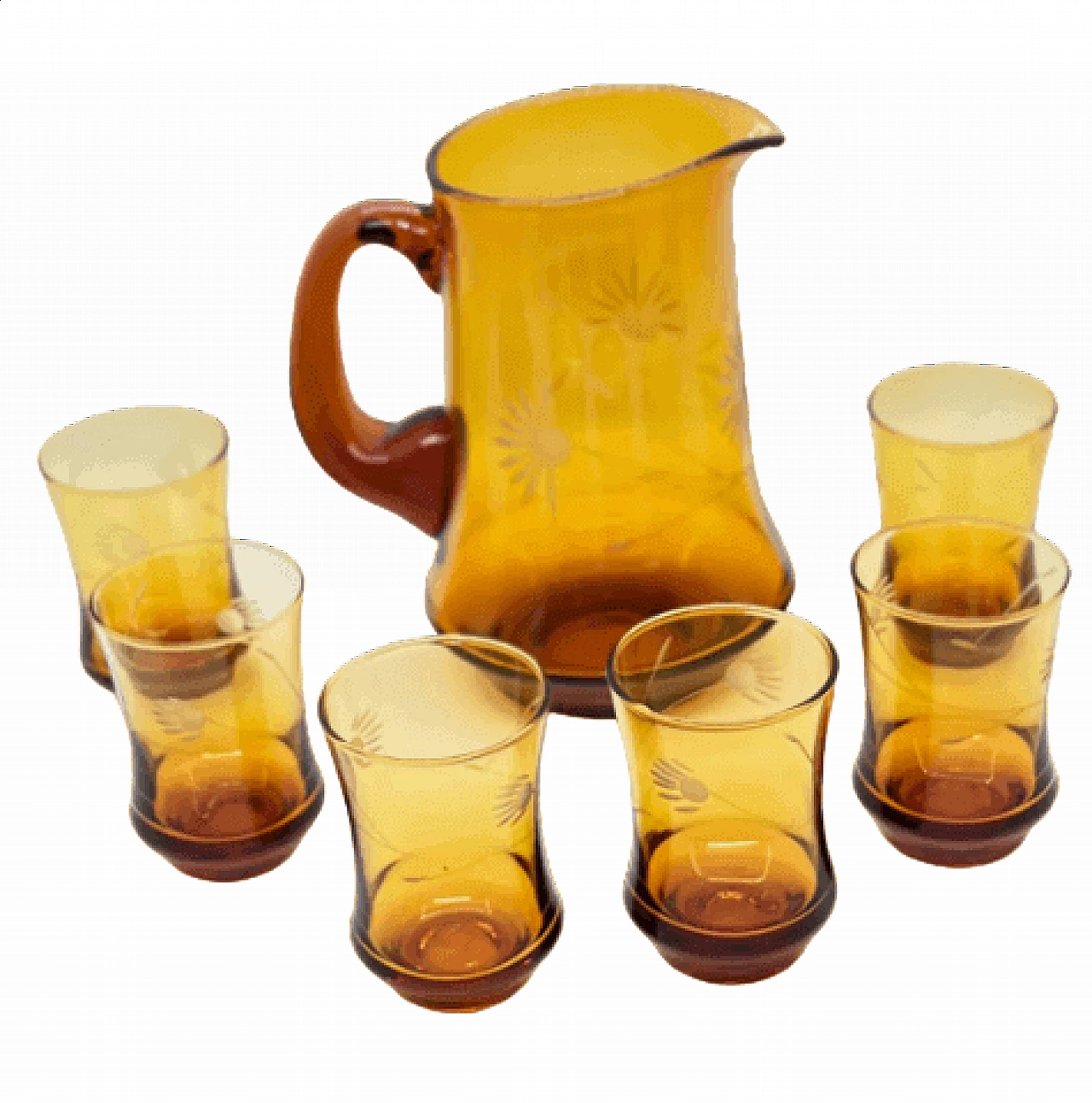 6 Bicchieri e brocca in vetro ambrato di Huta Szkła Laura, anni '70 11