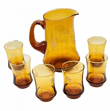6 Tumblers and pitcher in amber glass by Huta Szkła Laura, 1970s