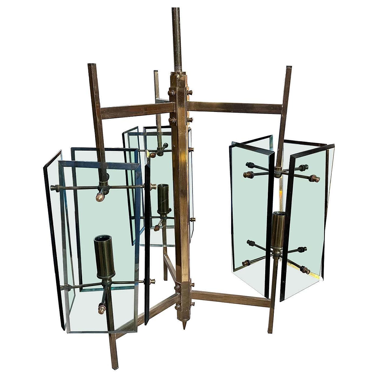 Lampadario in ottone e vetro verde di Cristal Art, anni '70 1